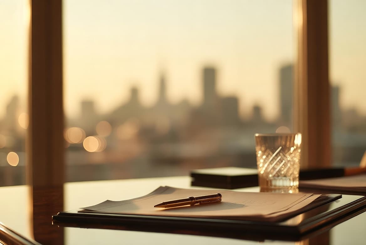 Luxury private banking desk at golden hour — AureumAndCo